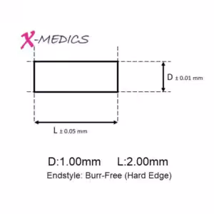 tantalum-pin-1mm-2mm Tantalum pins 1mm 0.039" in diameter 2mm long pre-cut to lenght 1x2. The 1.00 x 2 mm tantalum pin can be used as marker in to e.g. PEEK cages implants.